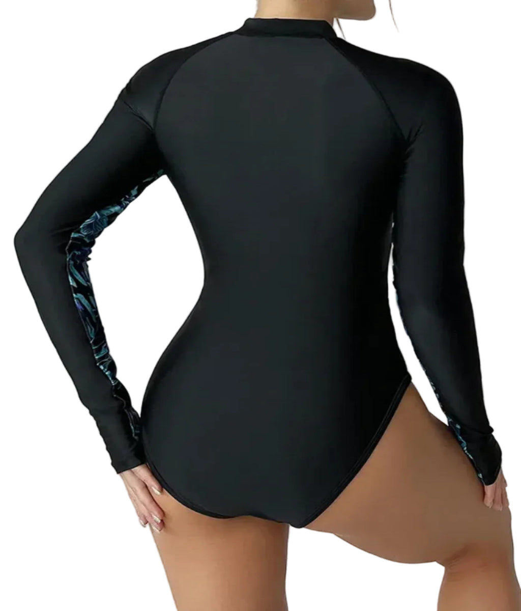 Black long-sleeve swimsuit with blue accents on a white background
