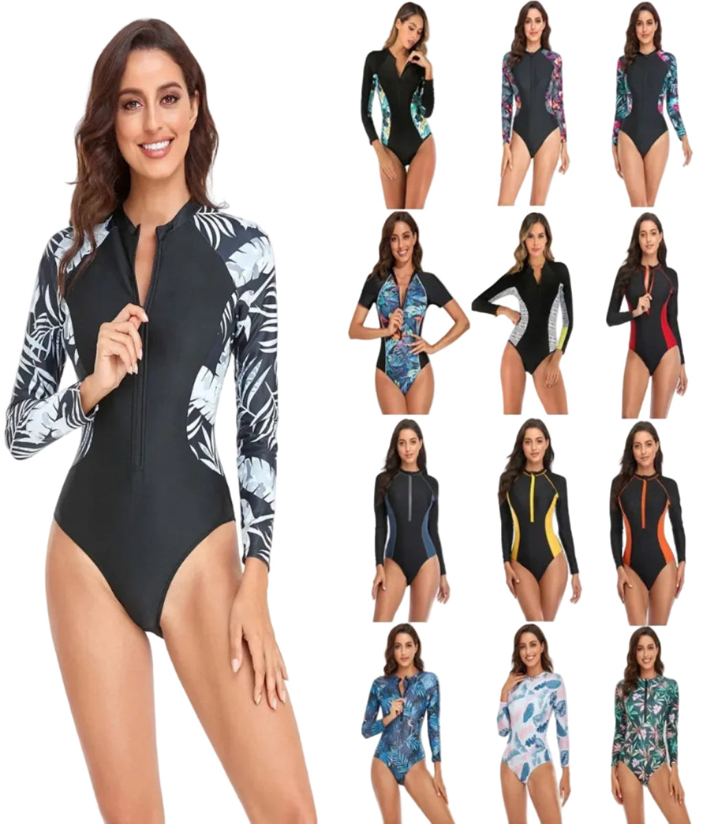 Woman modeling a black swimsuit with floral patterns, surrounded by multiple images of the same swimsuit.